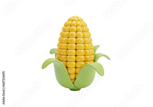 A vibrant, 3d illustration of a corn cob, with bright yellow kernels and green leaves, presented against a stark black background.