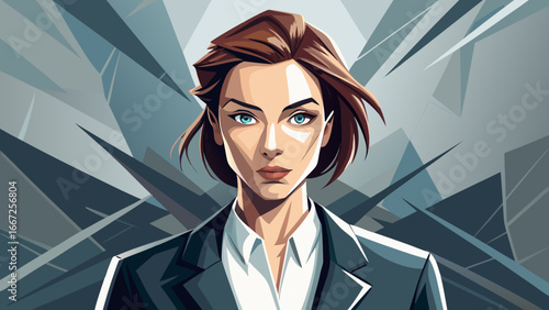 Young businesswoman in tailored suit gazes directly into camera, poise radiating strength and elegance, subtle charisma woven in posture and eyes, semi-realistic abstraction evoking timeless authority