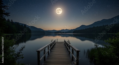 Fototapeta Naklejka Na Ścianę i Meble -  Serene Moonlit Lake Night Scenery Wooden Dock moon stars mountains forest trees pier water reflection serenity peaceful tranquil nature
