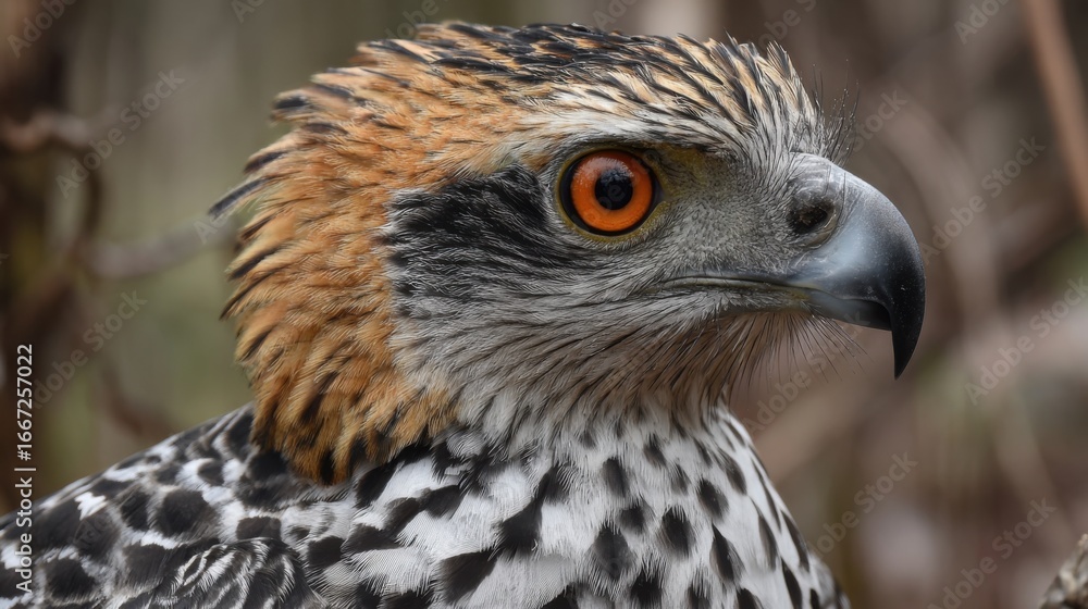 Fototapeta premium An impressive eagle stands alert in its environment, showcasing vibrant feathers, keen eyes, and a powerful presence under natural light, surrounded by branches