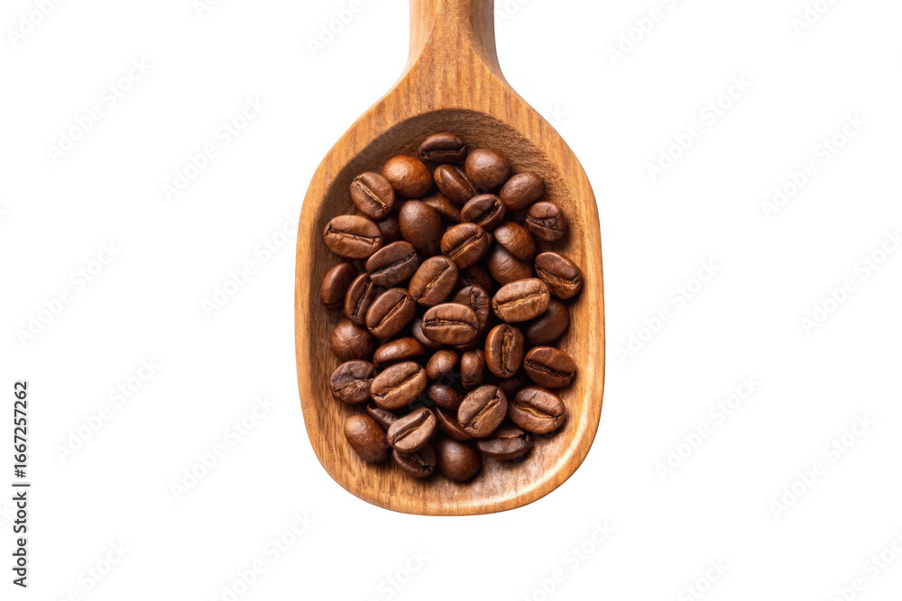 Fototapeta premium Wooden spoon filled with roasted coffee beans isolated on transparent background