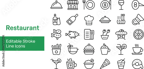 Restaurant food menu editable stroke line icons set meal dish drink chef burger pizza coffee fish wine vector silhouette