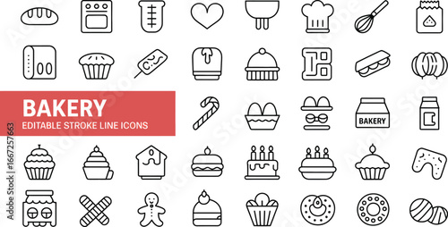 Bakery bread cake cupcake dessert food sweet pastry bake shop cookie chef icon vector design set silhouette