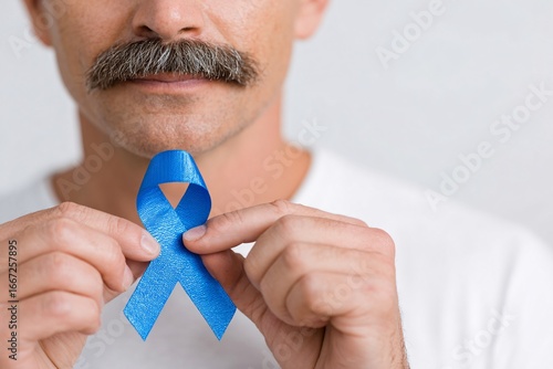 Man ties blue ribbon highlighting men's health awareness Generative AI