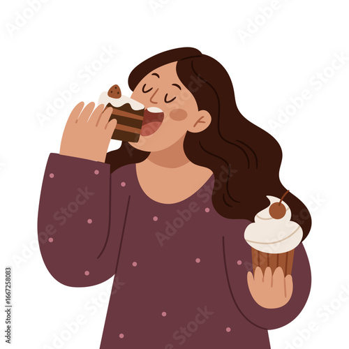 Cute cartoon girl enjoying cupcakes. Perfect for topics about diet balance, healthy lifestyle, mindful eating, weight loss, recipes, cheat days, and food illustrations.