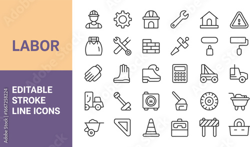 Construction labor icons set vector editable stroke line icons building tools equipment worker industry safety silhouette