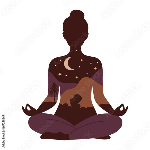 Minimalist vector illustration of a woman meditating in lotus pose, featuring a double exposure effect  