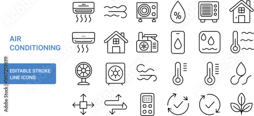 Air conditioning icons set vector illustration climate control temperature humidity cooling ventilation system silhouette