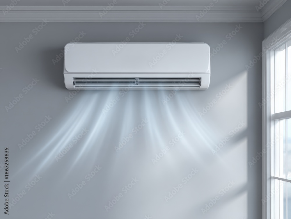 Obraz premium A modern white wall-mounted air conditioner actively cools a minimalist room, with visible streams of cool air and natural light filtering through a window.