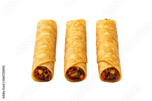 Three golden brown taquitos isolated on transparent background
