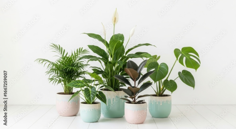 Fototapeta premium A collection of vibrant green houseplants in stylish pots arranged against a white background
