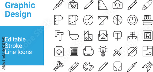 Graphic design icons vector art drawing camera pencil ruler brush tool palette scissors printer bulb idea silhouette