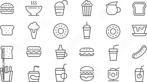 Food icons burger donut coffee icecream sandwich toast fries hotdog popcorn soup milkshake juice silhouette