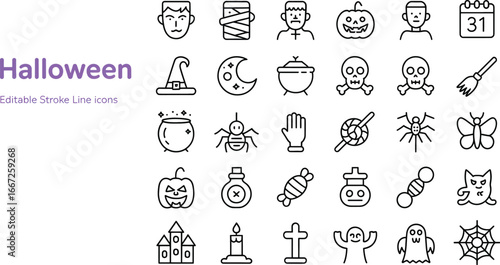 Halloween icons vector set pumpkin ghost spider witch mummy skull october spooky trick or treat web cat silhouette