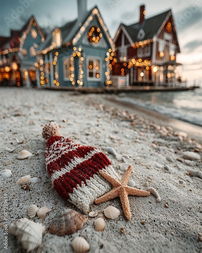 Cozy beach vibe with Santa hat