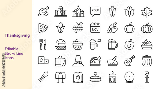 Thanksgiving icons turkey pumpkin corn grape church calendar autumn food dinner vector illustration set silhouette