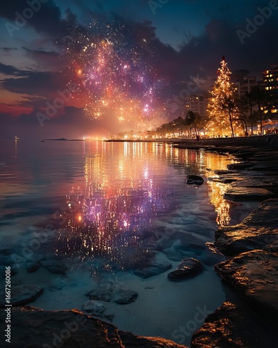 Festive tree by the water