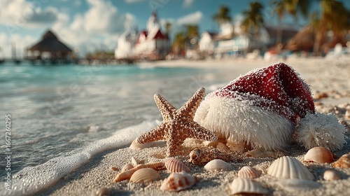 Santa hat rests on sand by the shore Generative AI