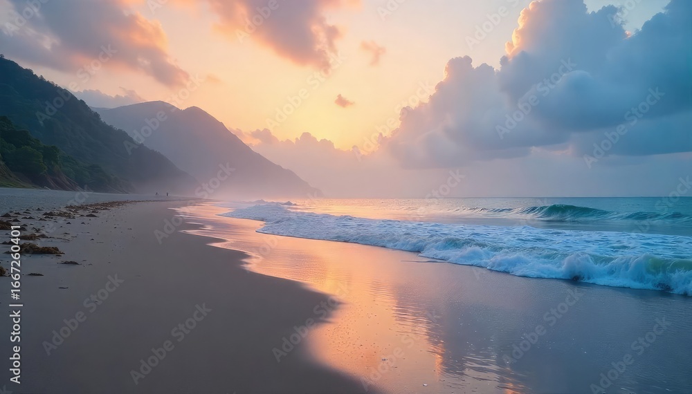 Fototapeta premium Serene coastal scene at dawn Misty air hangs over the tranquil beach, waves gently lapping the shore Perfect for meditation, tranquility, and peace themes , solitude, coastal scene