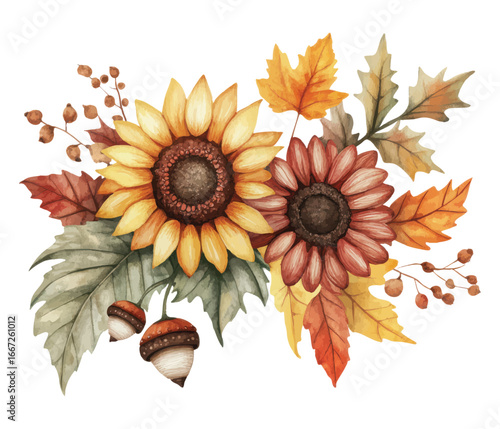 Watercolor sunflower and autumn leaves composition illustration
