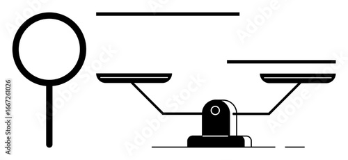 Magnifying glass beside a balanced scale emphasizes scrutiny, fairness, investigation, decision-making. Ideal for law, ethics, research, equality evaluation truth-seeking. Minimalist flat metaphor