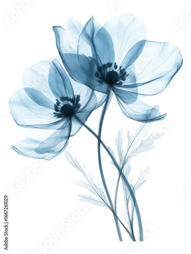 Xray style translucent blue flowers digital artwork