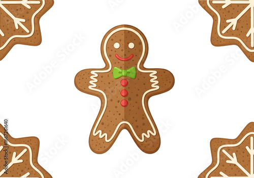 A festive pattern of gingerbread men and snowflakes on a black background.