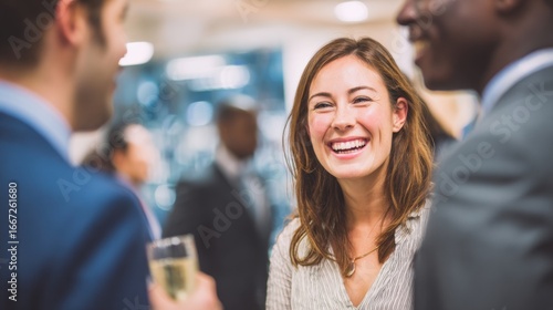Group of friends enjoys an evening event  highlighted by a smiling woman sharing a light moment. Lively atmosphere filled with conversation and laughter in a well-lit venue