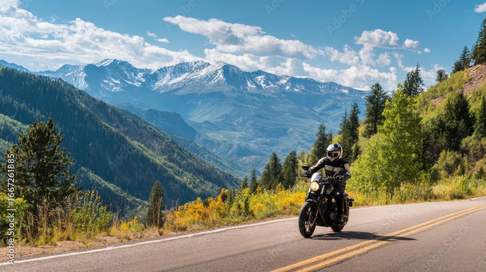 Biker enjoys a thrilling ride along a winding road in Colorado's mountains, surrounded by greenery and breathtaking views of snow-capped peaks on a sunny day Biker enjoys a thrilling ride along a winding road in Colorado's mountains, surrounded by greenery and breathtaking views of snow-capped peaks on a sunny day