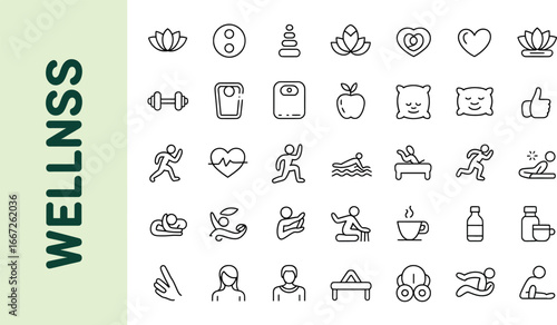 Wellness health fitness lifestyle exercise yoga meditation diet balance relaxation positive healthy wellbeing icon silhouette