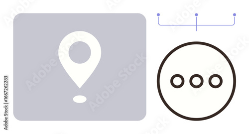 Location marker and ellipsis in minimal design, showcasing navigation, information flow, technology, communication, decision-making, planning, and user interface ideas. A simple flat metaphor