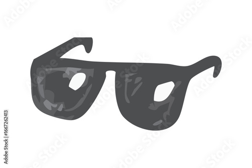 Black Sunglasses. Rough Doodle sketch. Eye protection from sun. Hand drawn with ink. Dark tinted Glasses. Cool travel clothing Accessory. Shades with light reflection. Isolated. Vector illustration