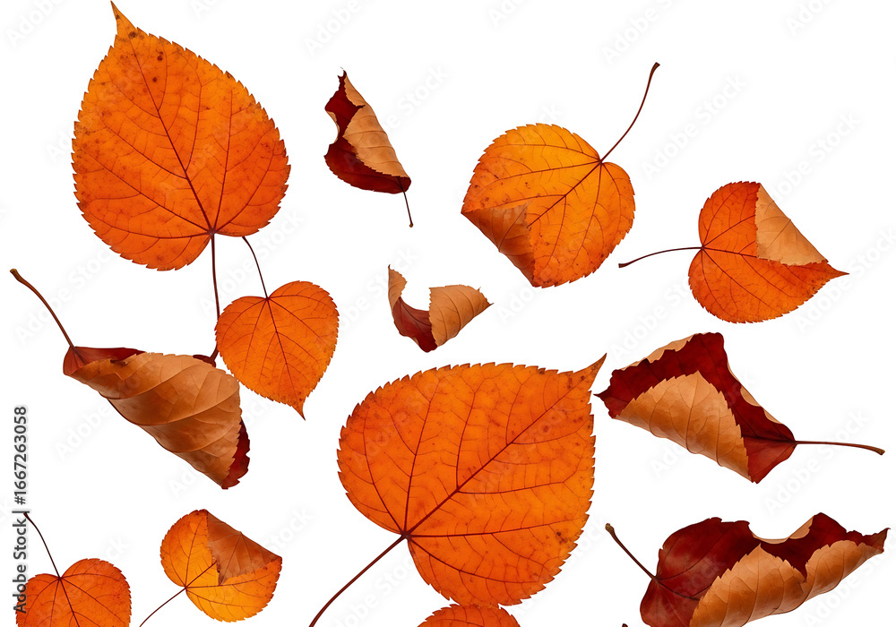 Obraz premium Vibrant autumn leaves in motion against a stark black background, showcasing a variety of oranges and reds.