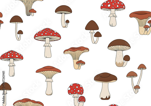 A repeating pattern of various mushroom designs, featuring vibrant red and brown fungi on a dark background.