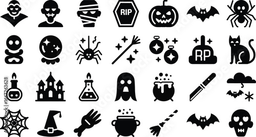 Halloween icons set vector illustration pumpkin ghost bat spider witch cat skull mummy vampire cauldron silhouette