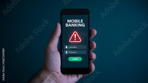 Mobile banking security alert on smartphone held in hand, cybersecurity concept