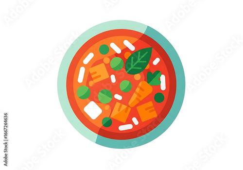 Colorful overhead view of a hearty vegetable soup in a light teal bowl, featuring pieces of carrots, peas, and herbs, highlighted by vibrant orange and red tones.