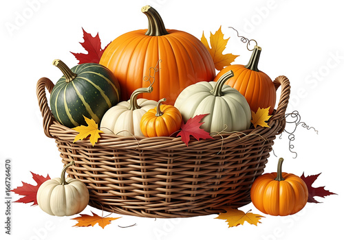 A wicker basket overflowing with pumpkins and autumn leaves against a black backdrop.