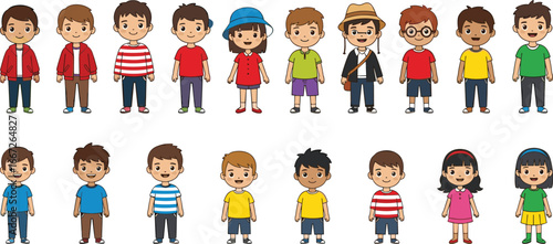 Cartoon children group, colorful outfits, character design, flat vector illustration, diverse accessories, expressive kids, white background, playful style