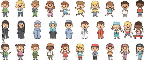 Cartoon children group, diverse characters, cultural outfits, flat vector illustration, inclusive design, playful poses, red wagon, white background