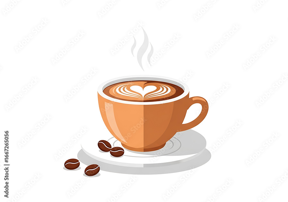 Obraz premium A vibrant illustration of a latte art coffee cup, showcasing a heart-shaped latte design against a backdrop of coffee beans, with steam rising from the warm beverage.