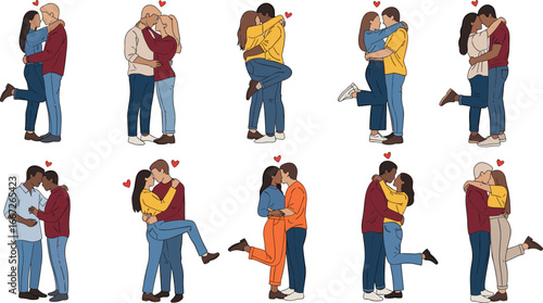 Romantic couple poses, affectionate embrace, kissing lovers, diverse relationships, flat vector illustration, love concept, minimal design, white background