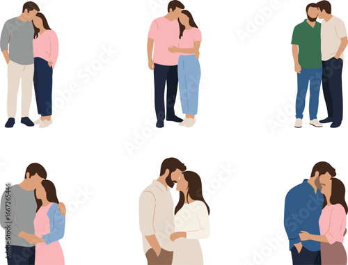 Romantic couple poses, emotional closeness, love embrace, flat vector illustration, diverse outfits, intimate interaction, minimal design, white background