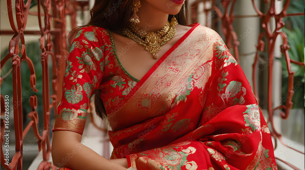 Naklejka premium Elegant Red Banarasi Silk Saree Indian Bridal Fashio Gold Jewelry Festive WearTraditional Indian Clothin Women's Attire Beautiful ed Saree Rich