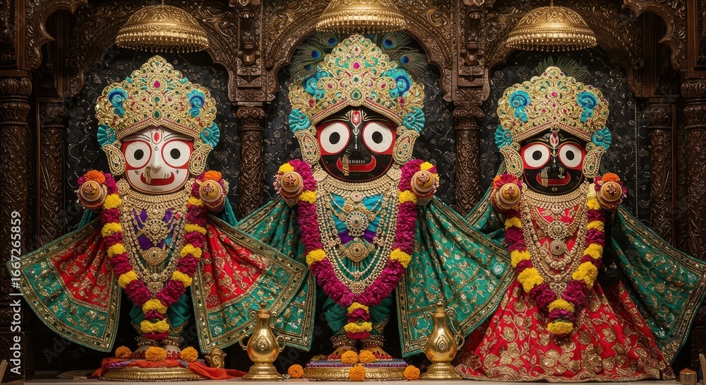 custom made wallpaper toronto digitalLord Jagannath, Balabhadra, and Subhadra Idols Decorated with Garlands in Temple