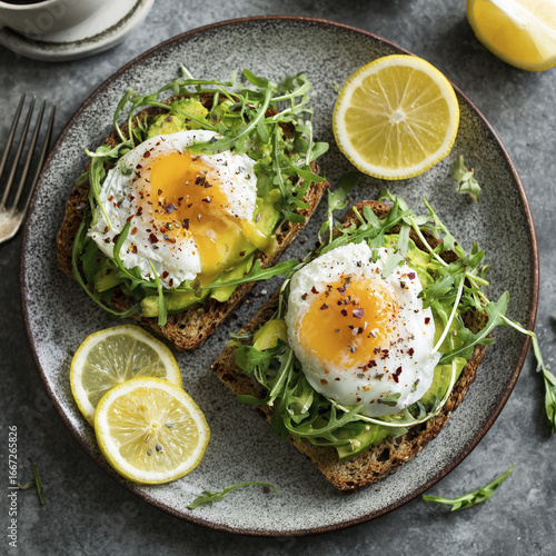 Avocado toast with poached egg and arugula