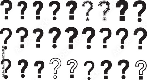 Numerous black question marks with a white outline in rows offering a sense of inquiry and mystery