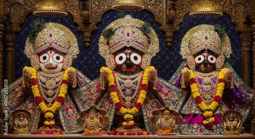 Lord Jagannath, Balabhadra, and Subhadra Idols Decorated with Garlands in Temple