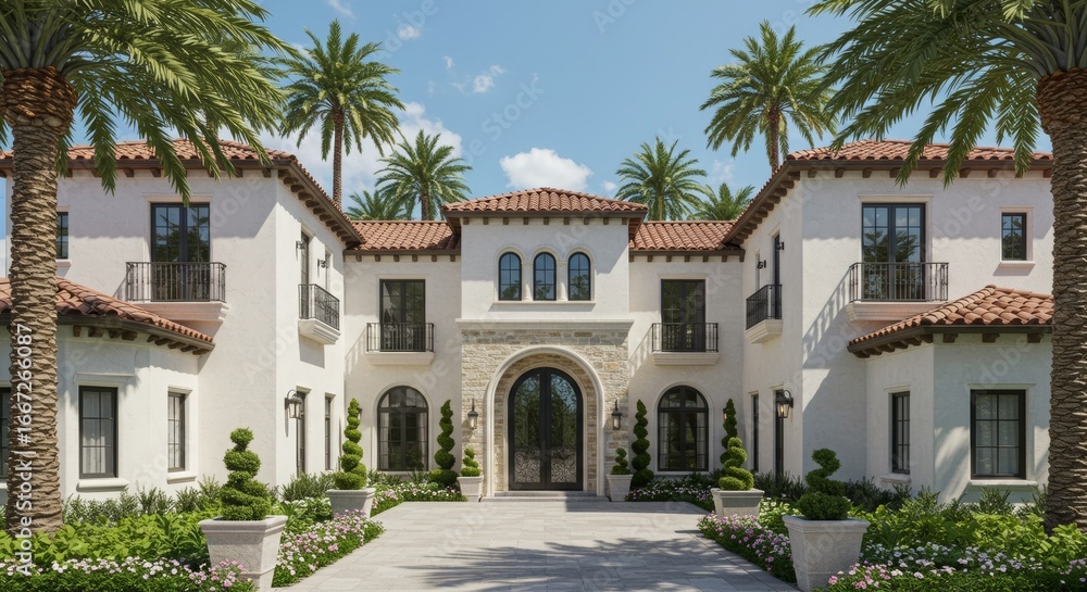 Fototapeta premium Mediterranean Style Luxury Villa with Elegant Arched Entrance, Palm Trees and Symmetrical Design