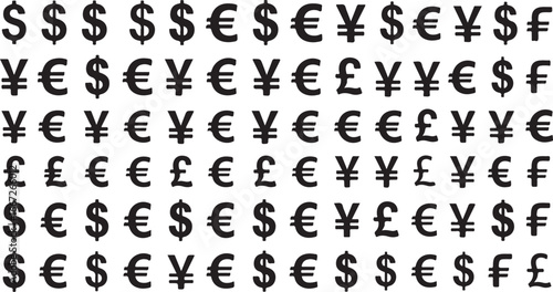 Diverse global currency symbols arranged in a grid pattern